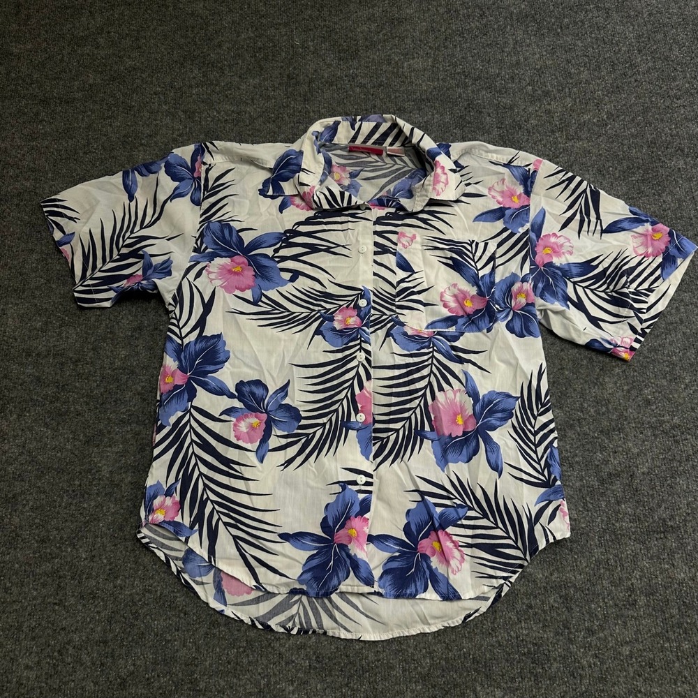 Penny Lane Shirt Womens Size L White Blue Floral Tropical Short Sleeve Button Up